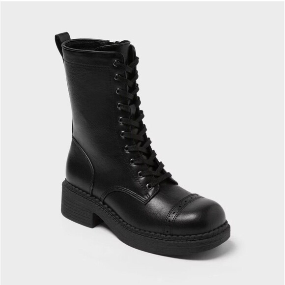 wild fable Shoes - Wild Fable Black Lace Up Combat Boots Side Zip Brogue Cap Toe Womens 6 NEW
